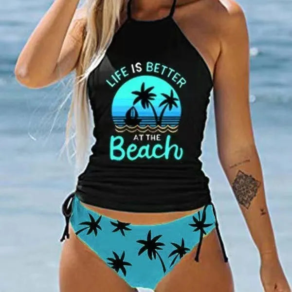 European and American ladies conservative printed split colourful swimsuit in polyester with high elasticity for swimming and wading