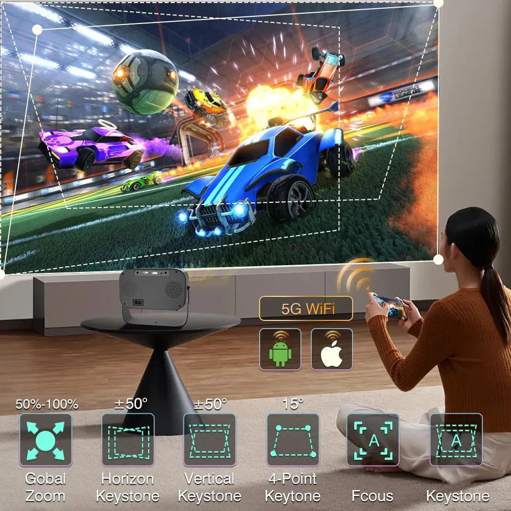 Black HD portable projector with remote control on home office desk