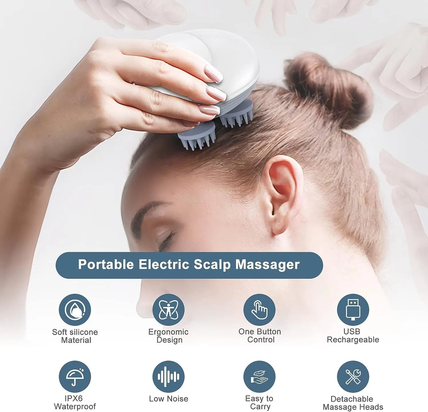 Electric handheld pet massager with four rotating heads in blue, green, red, or white colour