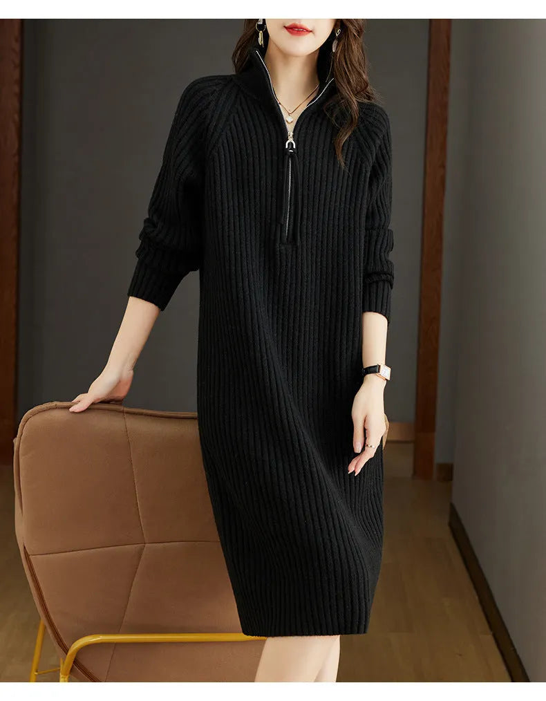 Half zipper loose casual long sleeves stand collar woolen straight dress in solid colour