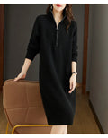 Half zipper loose casual long sleeves stand collar woolen straight dress in solid colour