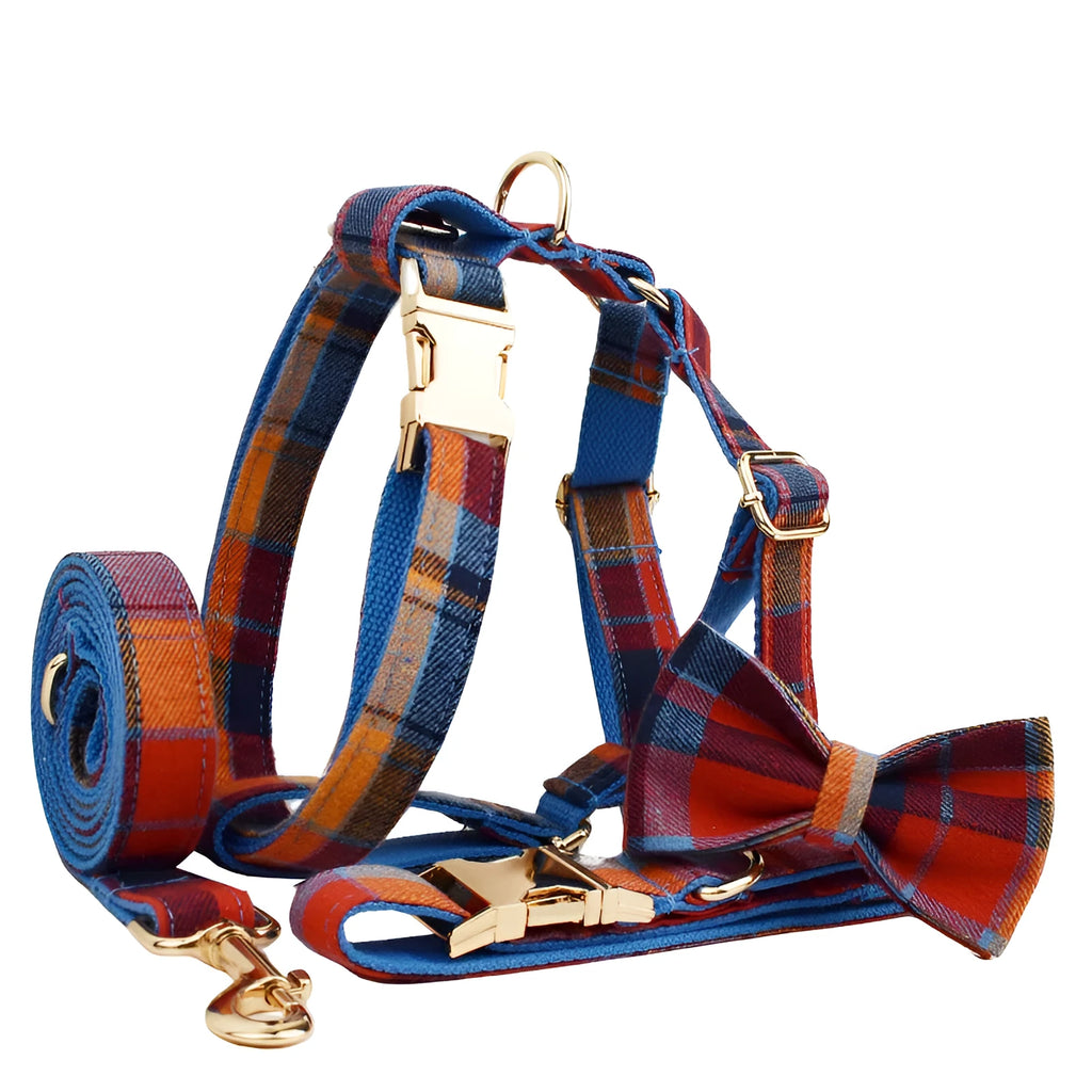 Fashion bow gentleman pet collar four-piece set including collar leash bow and vest in cloth for dogs size XS to XL