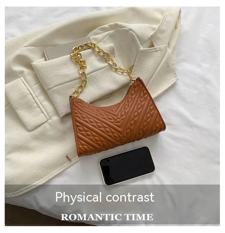 Brown PU leather pleated chain baguette shoulder bag with single strap showing vertical square shape