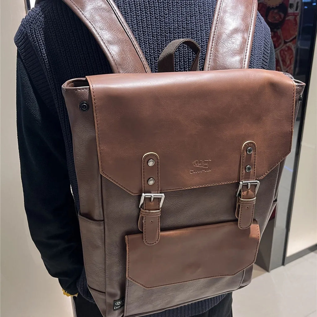 Unisex backpack large capacity PU leather solid colour black brown travel business college