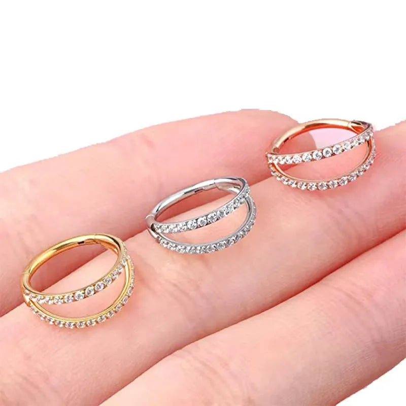 Titanium alloy lip nose ring jewellery with diamond treatment in gold or steel colour options