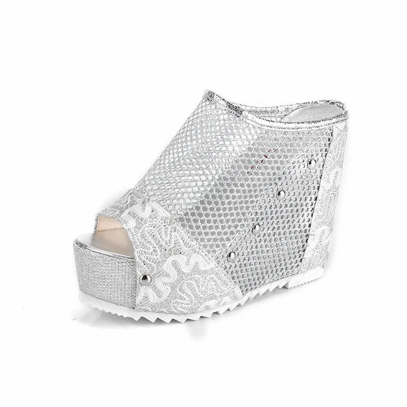Korean chunky heel platform flip-flops with hollowed-out design in black, gold, or silver on a viscose sole.