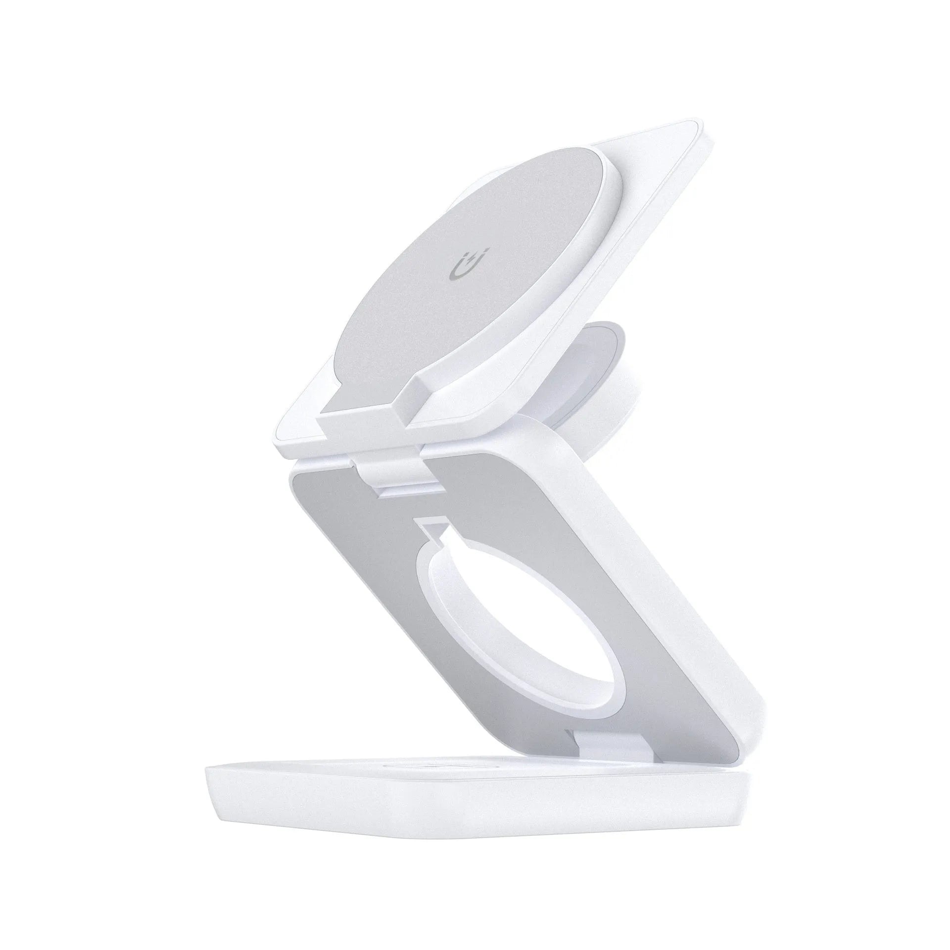 Foldable magnetic wireless charger in black with smartphone placed on charging pad