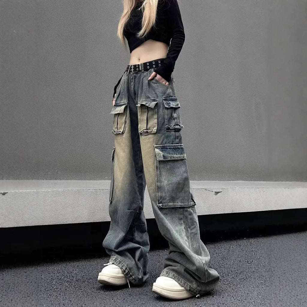 Loose-fit straight-leg jeans with multiple pockets in distressed light blue denim