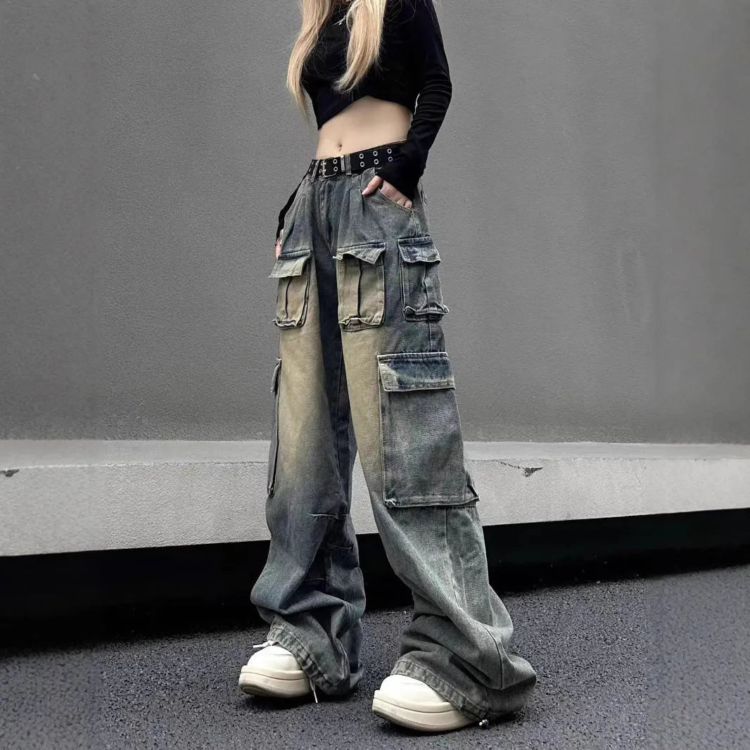 Loose-fit straight-leg jeans with multiple pockets in distressed light blue denim