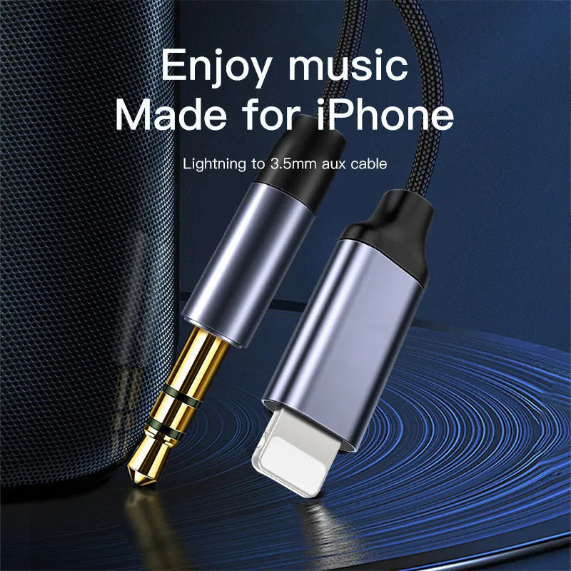 Silver nylon-braided audio cable with 3.5mm connectors on a plain background.