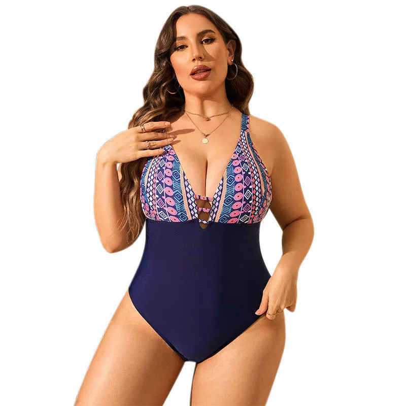 Leopard print plus size one-piece swimsuit with V-neck and conservative coverage