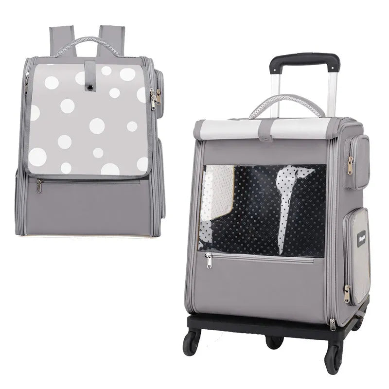 Multifunctional draw-bar pet bag in 1012 Blue with polka dot pattern, side view showing wheels and handle for rolling