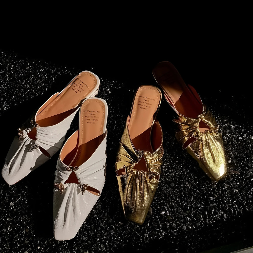Genuine leather women's half toe cap slippers in gold with low heel and square toe
