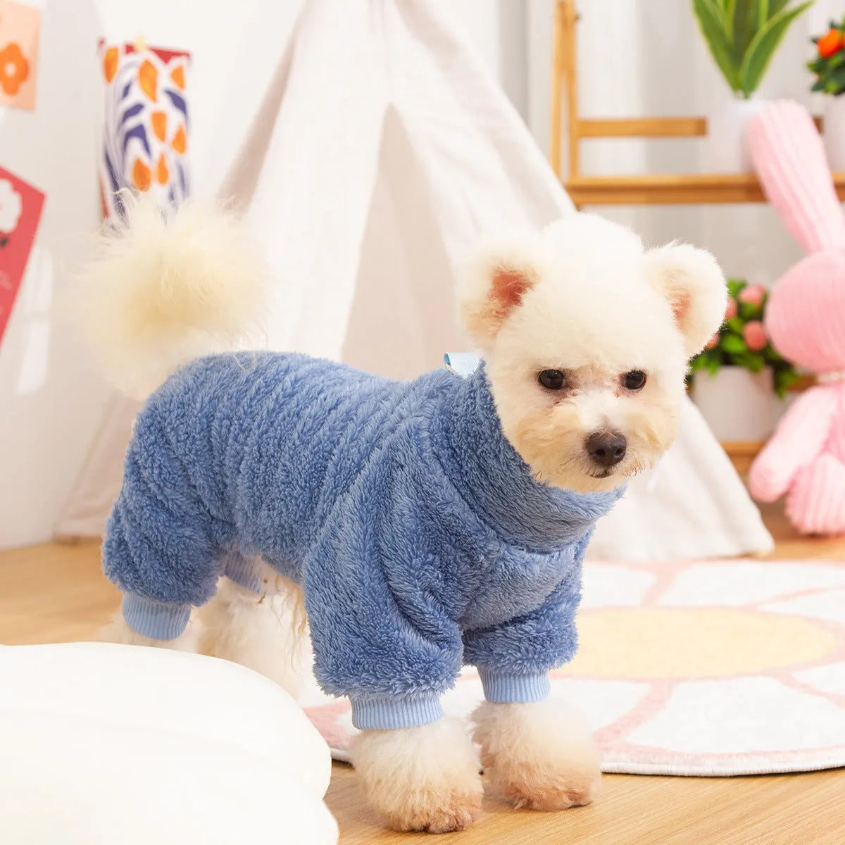 Blue four-legged dog coat made of thick plush cotton velvet with a high collar and towing ring.