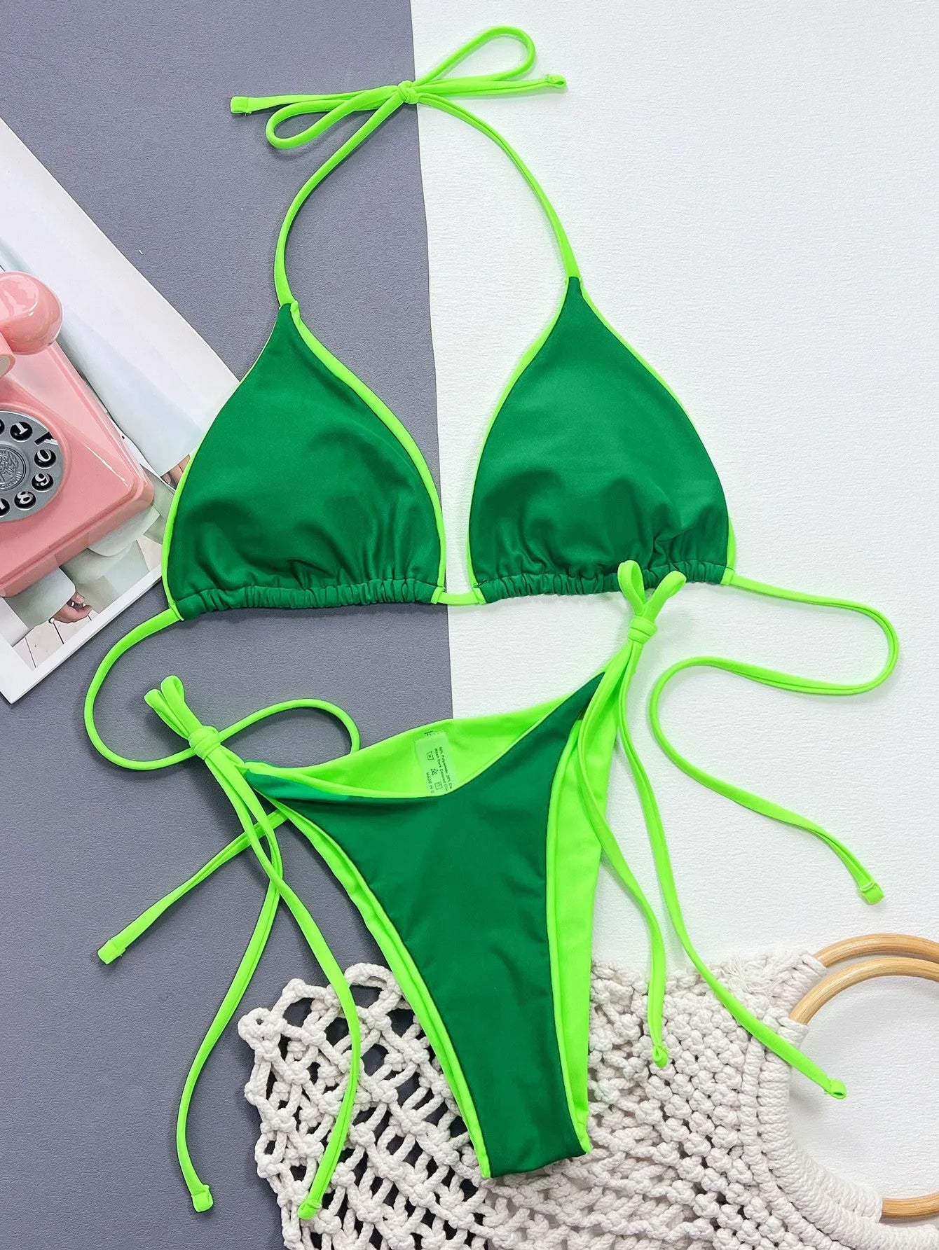 Women's chest pad split swimsuit bikini in solid colour nylon lining, available in black pink dark green sapphire blue rose red sizes S M L