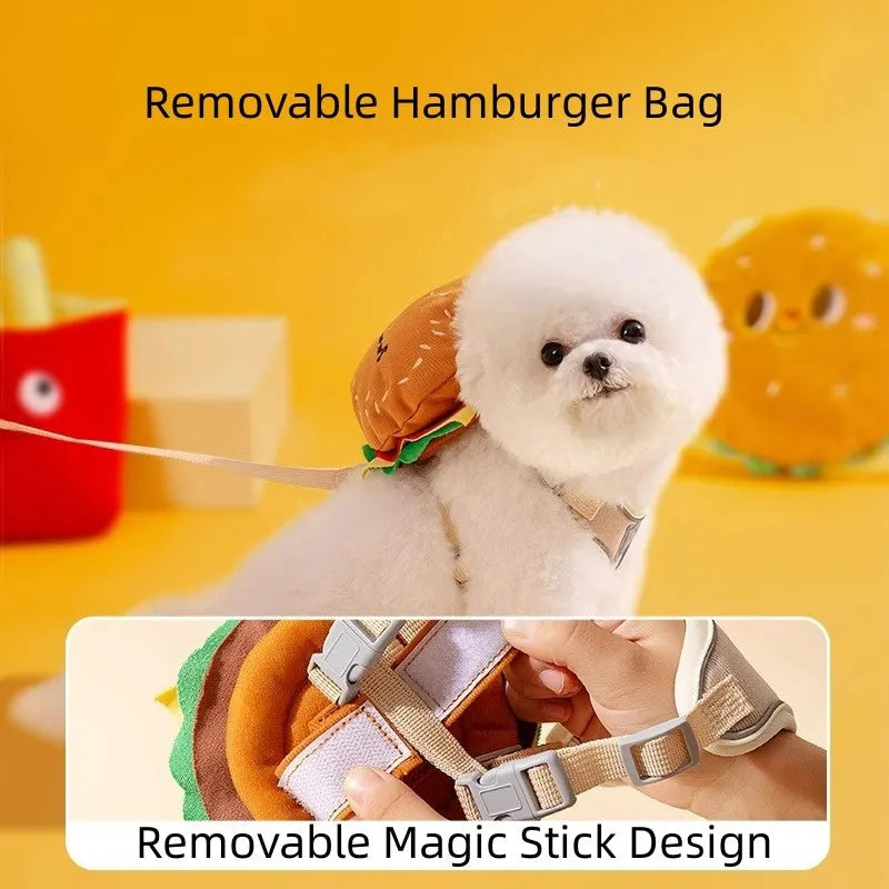 Adjustable dog vest leash with backpack in a cartoon hamburger print, showing the escape proof vest design