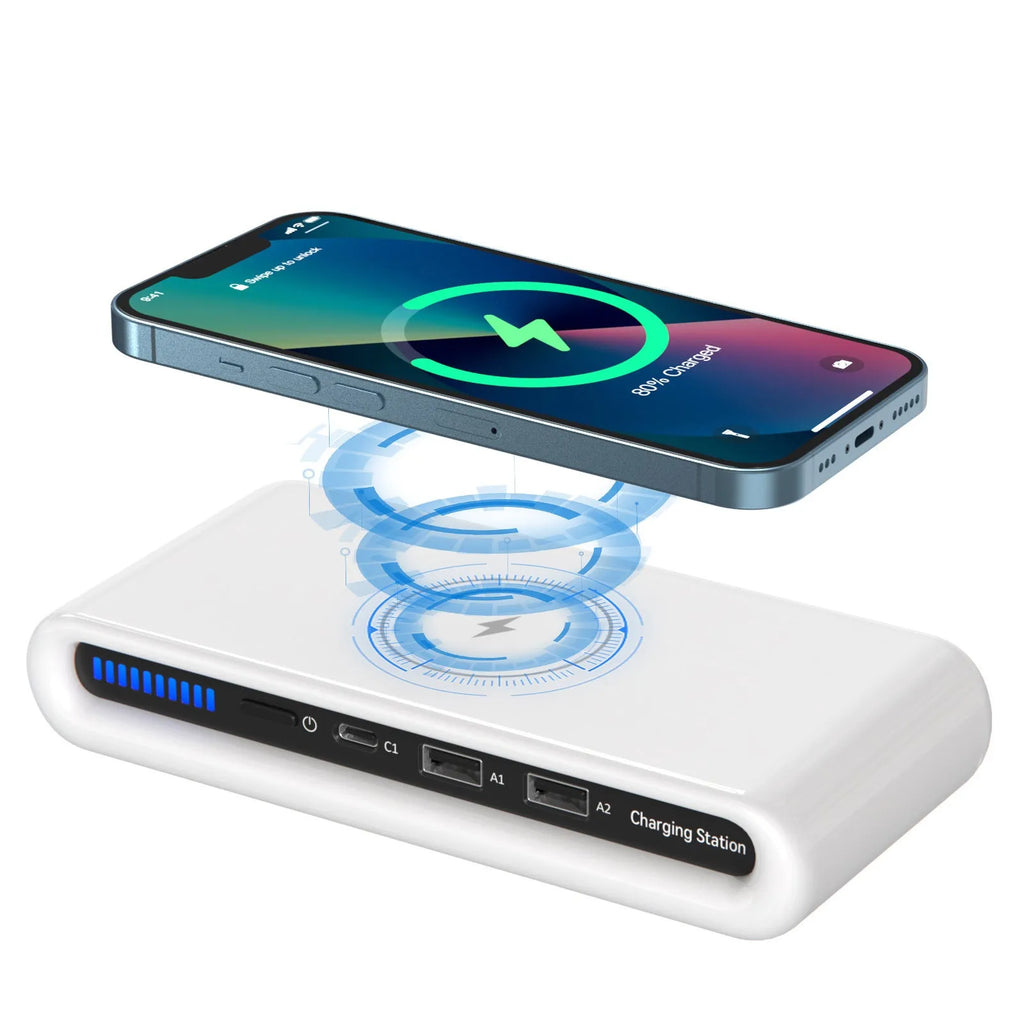 White desktop wireless charging pad with built-in 8-colour atmosphere mood lamp showing different LED light modes