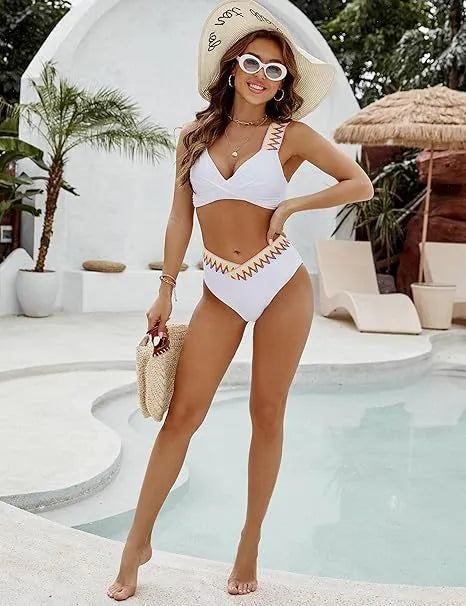 Women's lace-up split swimsuit bikini in black with striped high waist backless design