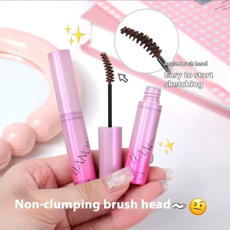Long-lasting velvet matte eyebrow cream container showing four colour options including milk coffee coconut palm shade