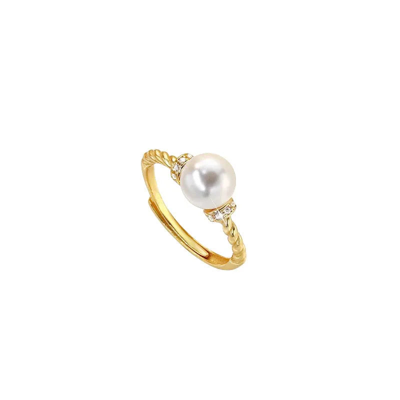 Adjustable copper pearl ring with antique twist geometric design in gold or silver colour