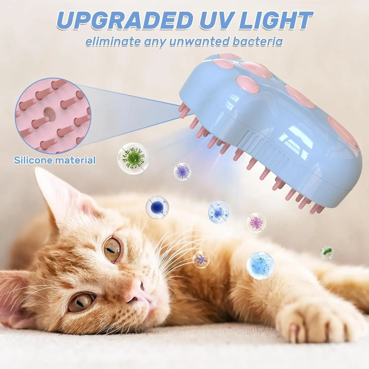 Blue self-cleaning cat steam brush with silicone bristles and release button