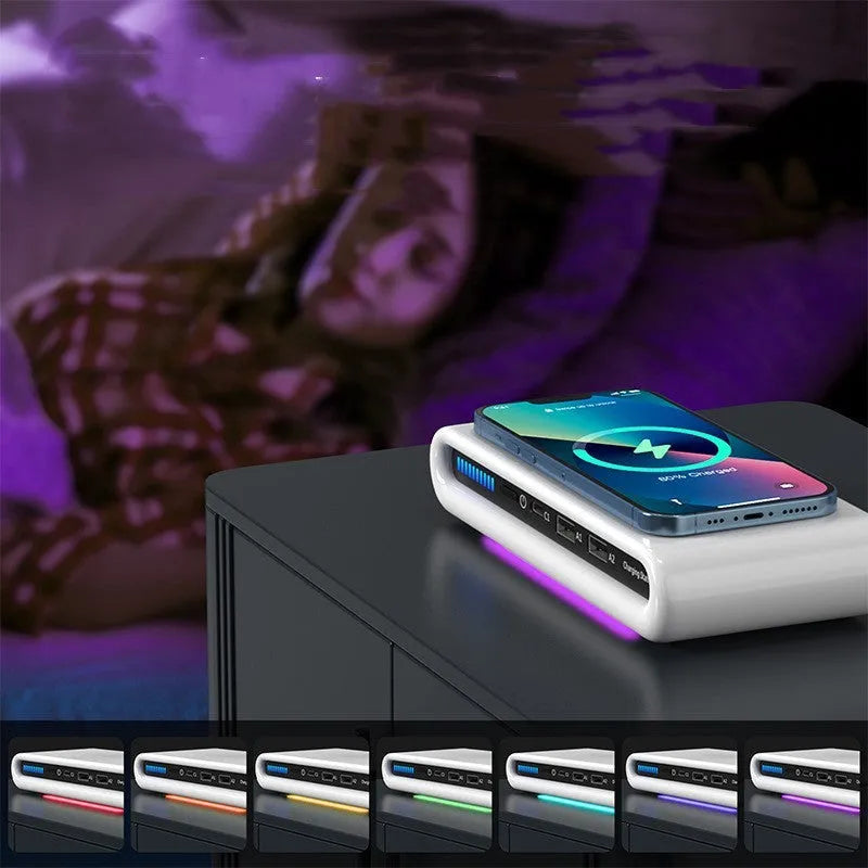 White desktop wireless charging pad with built-in 8-colour atmosphere mood lamp showing different LED light modes