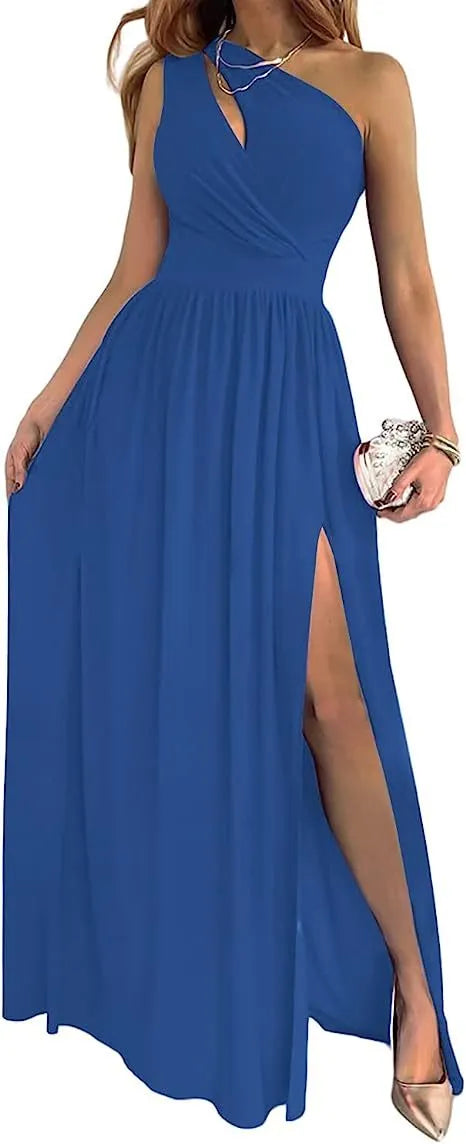 Women's apricot one shoulder maxi dress with high split and cutout detail on mannequin