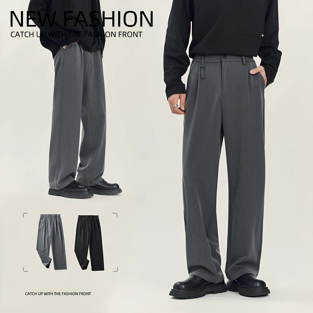 Business casual draping suit pants loose straight-leg solid black colour fabric blend