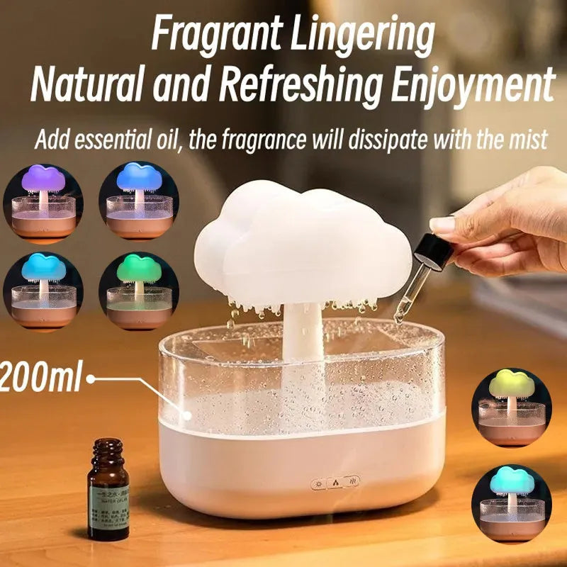 Rain cloud night light humidifier with 7 colour LED lights and raining water drop sound in white