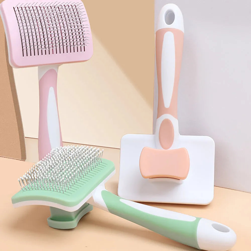 Self-cleaning slicker brush for dogs and cats with gentle bristles and one-click hair release button