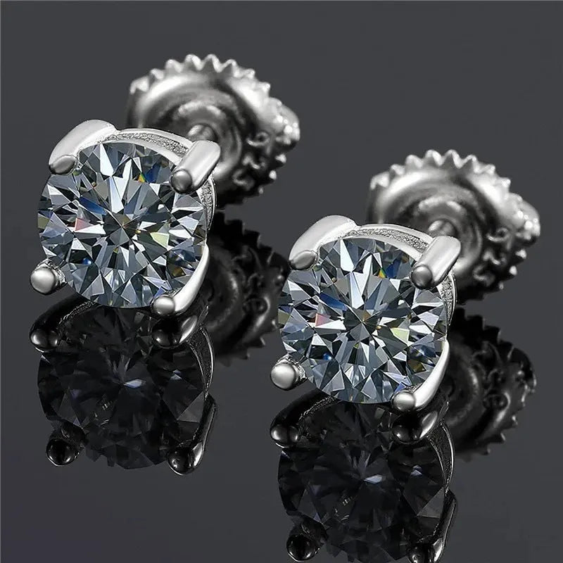 Screw back four claw moissanite stud earrings with geometric 7mm stone in sterling silver setting