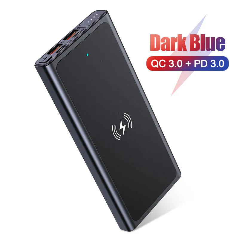 Black and blue alloy fast charging wireless power bank 10000mAh with plug