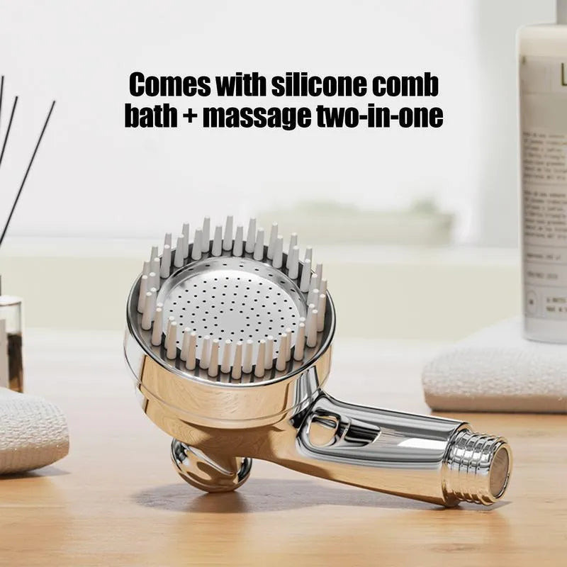 Silver 2 in 1 dog shower attachment with soft silicone comb teeth and ergonomic grip on white background