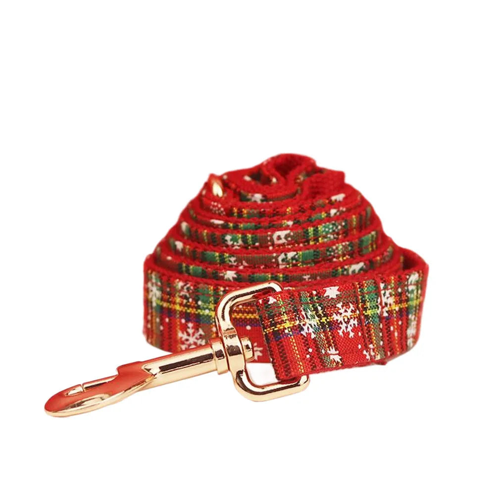 Red snowflake Christmas pet collar set with plaid rope leash and bowknot flowers on cloth vest for small dogs