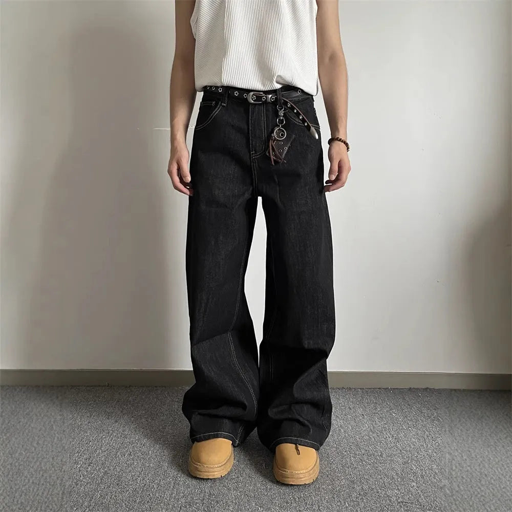 Black retro loose wide-leg straight-leg jeans with mid-waist and zip fly