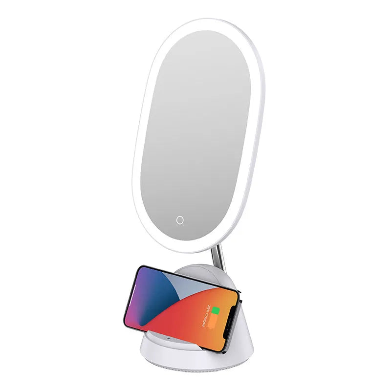 White multifunctional makeup mirror table lamp on desk, compact size 12.2x12.8x43.9cm, socket powered 220V.