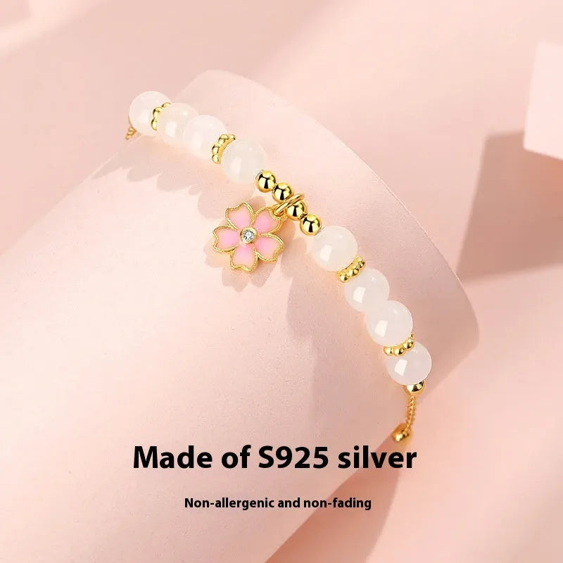S925 silver gradient epoxy cherry blossom pendant Hetian jade beaded bracelet pink sweet style