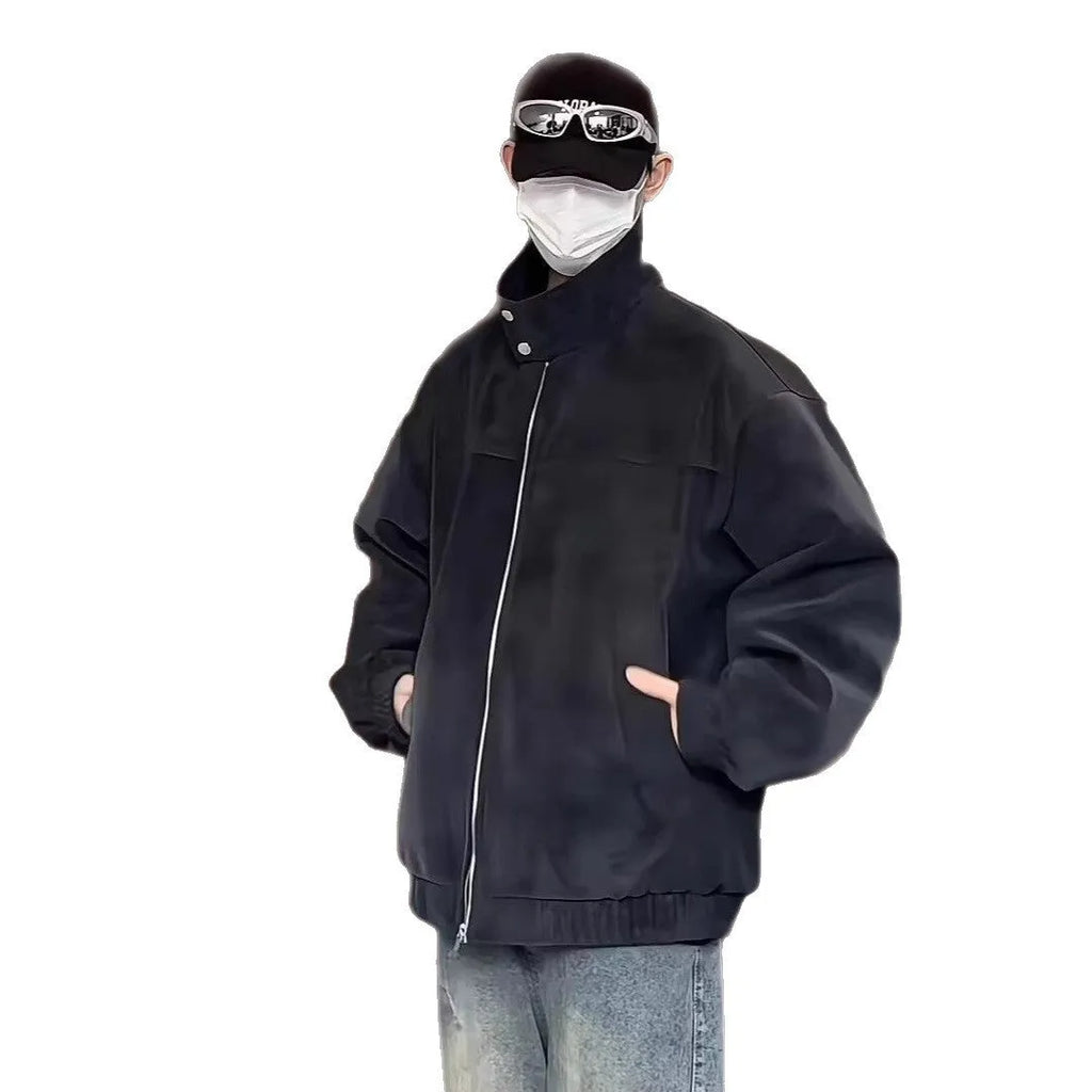 Men's grey tie-dye PU leather jacket with stand collar, loose fit, and side pockets.