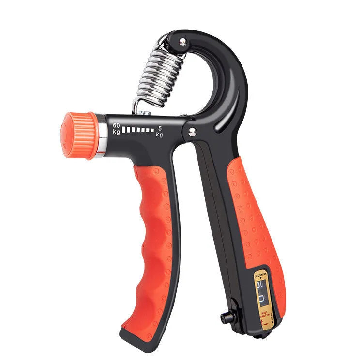 Adjustable counting hand gripper with black handles and built-in mechanical counter on a white background