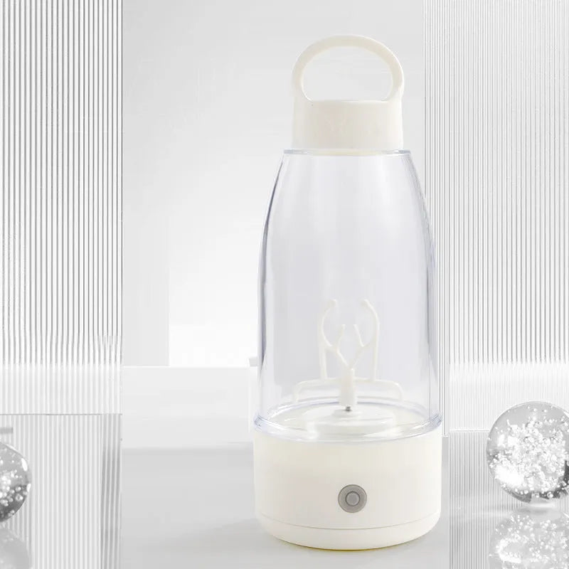 Automatic electric shaker bottle in cream white with USB charging port and handle, 350ml capacity