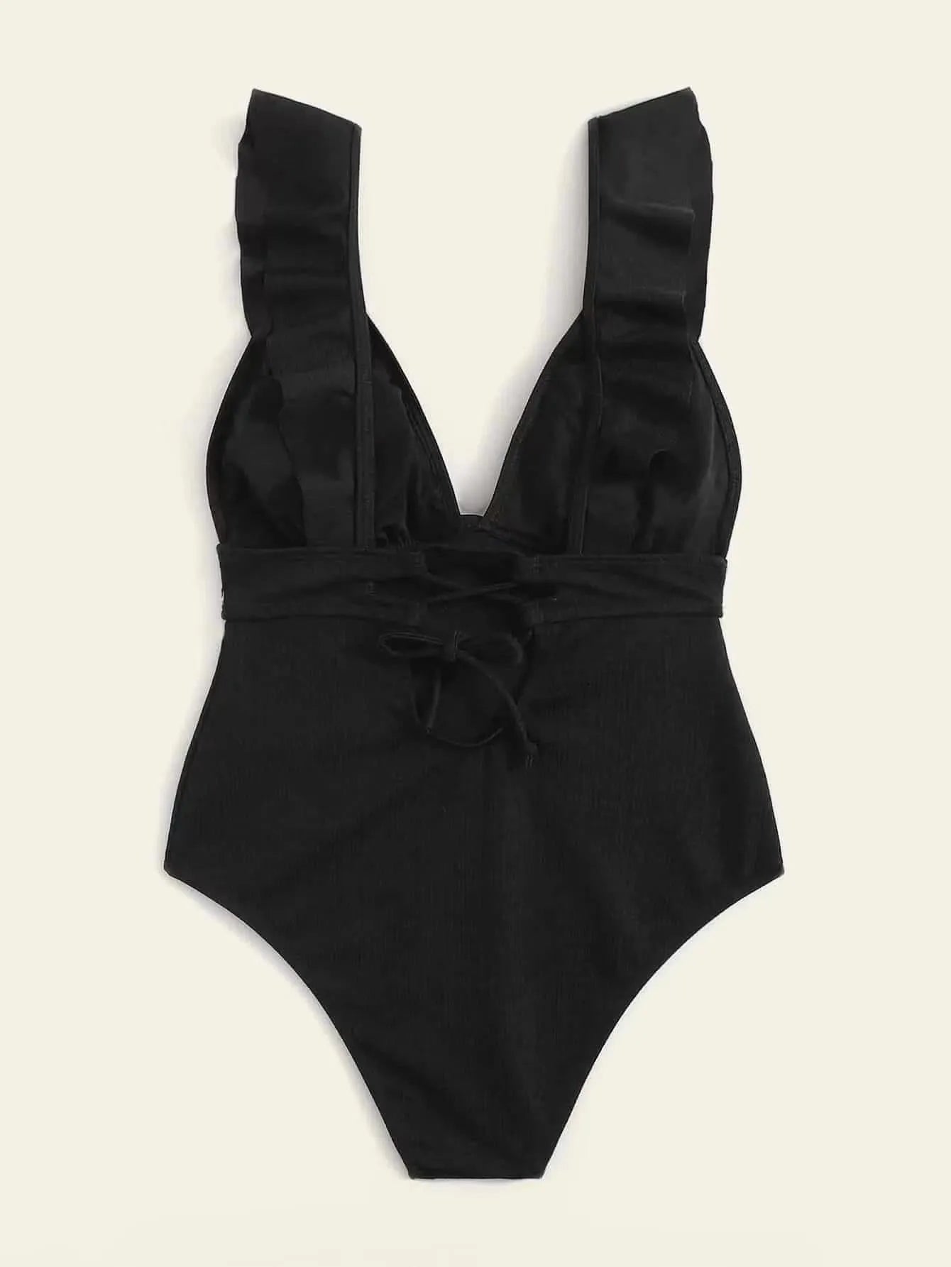 Women's one-piece swimsuit with ruffled shoulder straps and back lace in black