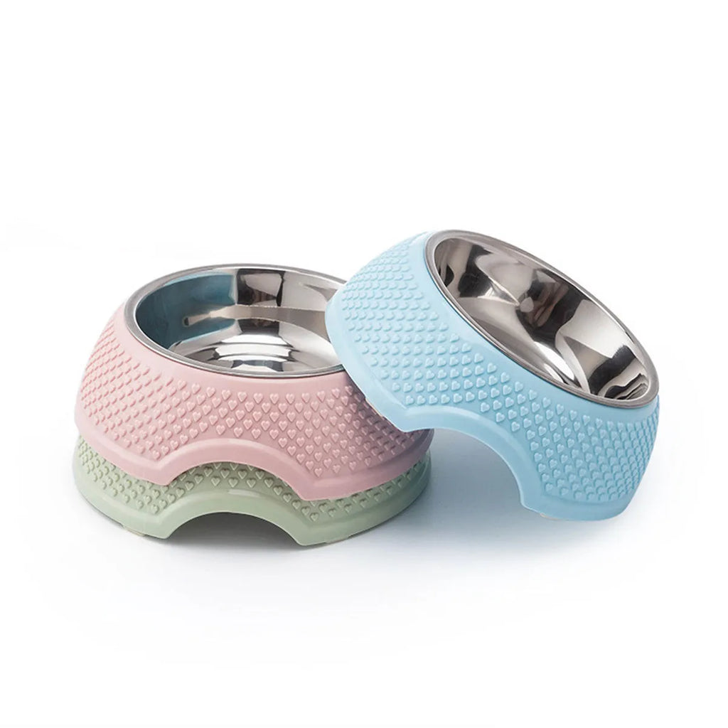 Stainless steel cat food bowl with non-slip base in blue colour on a grey background