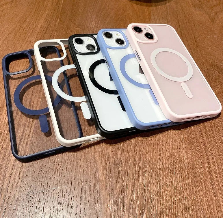 Transparent acrylic MagSafe phone case with TPU bumper for iPhone, showing back panel and edge protection.