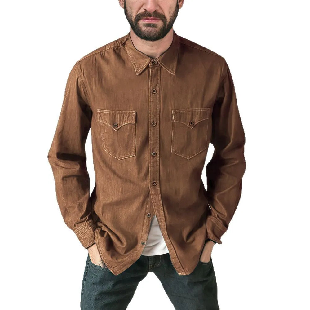 Denim cardigan coat in khaki colour with button front and regular fit styling