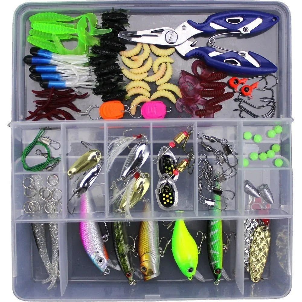Fishing lure suit set showing soft plastic baits and Lei frog lures organised in PP tackle box
