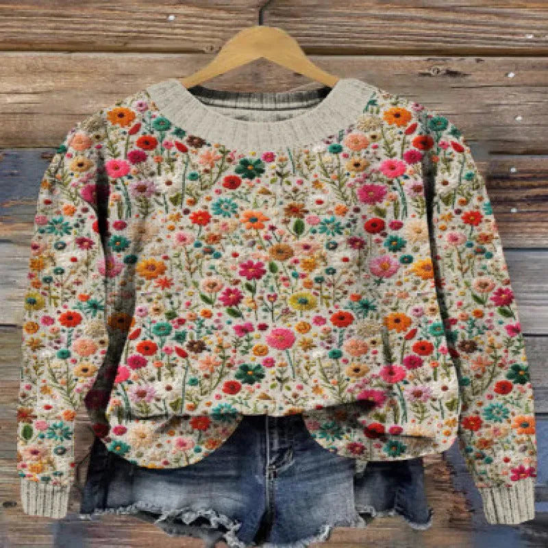 Women's round neck sweater with digital printed little flower pattern in polyester fabric