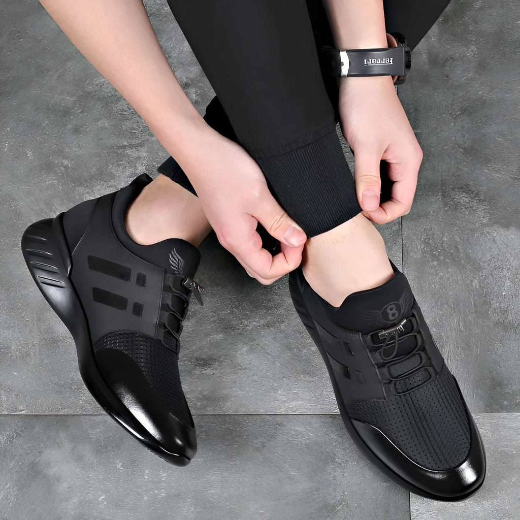 Men's black genuine leather height increasing casual shoes with chunky heel and round toe.
