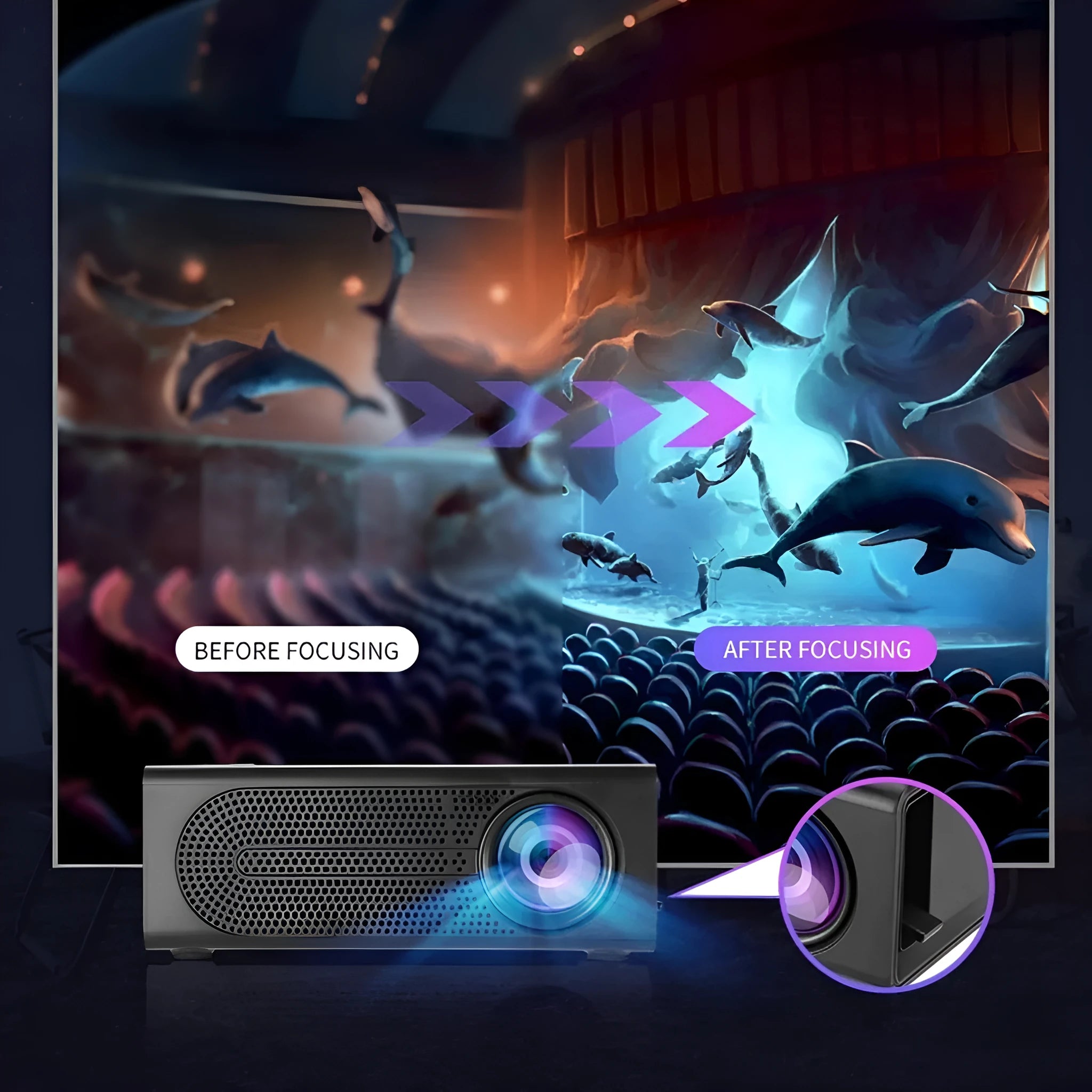 Portable mini projector in black with wired mobile phone screen mirroring and 20 lumens brightness