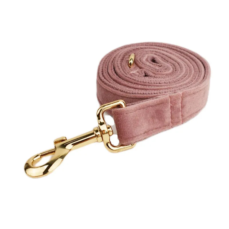 Light purple pink velvet dog collar with matching leash and vest accessory set.