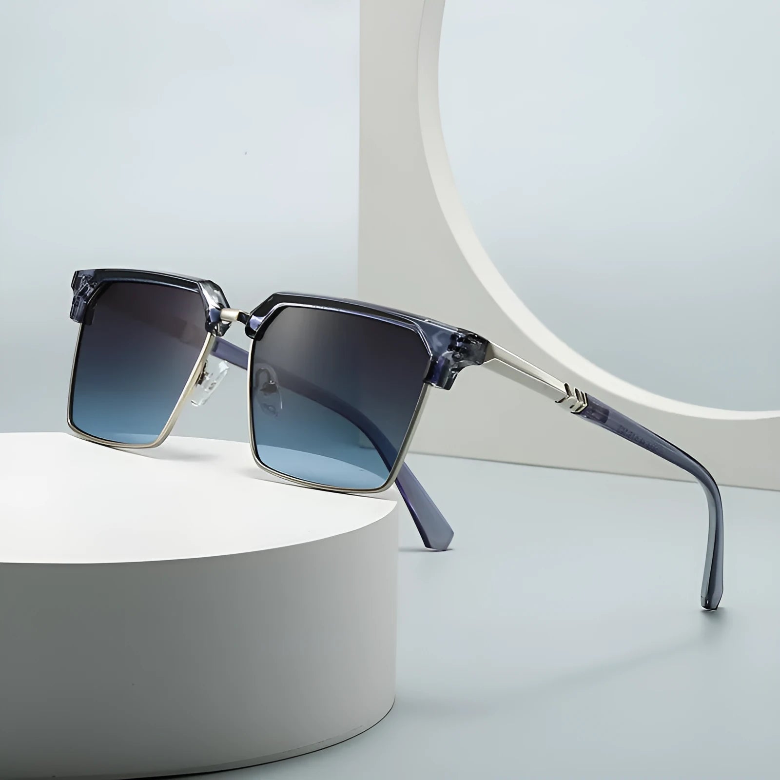 Men's square plastic frame sunglasses showing six colour options including black silver, dried tea, green, and blue variations